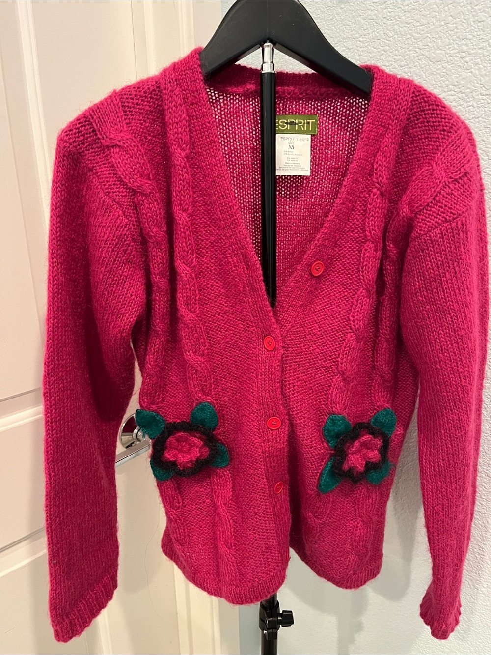 Vintage Esprit Pink Cable-Knit Cardigan with Floral Appliqués